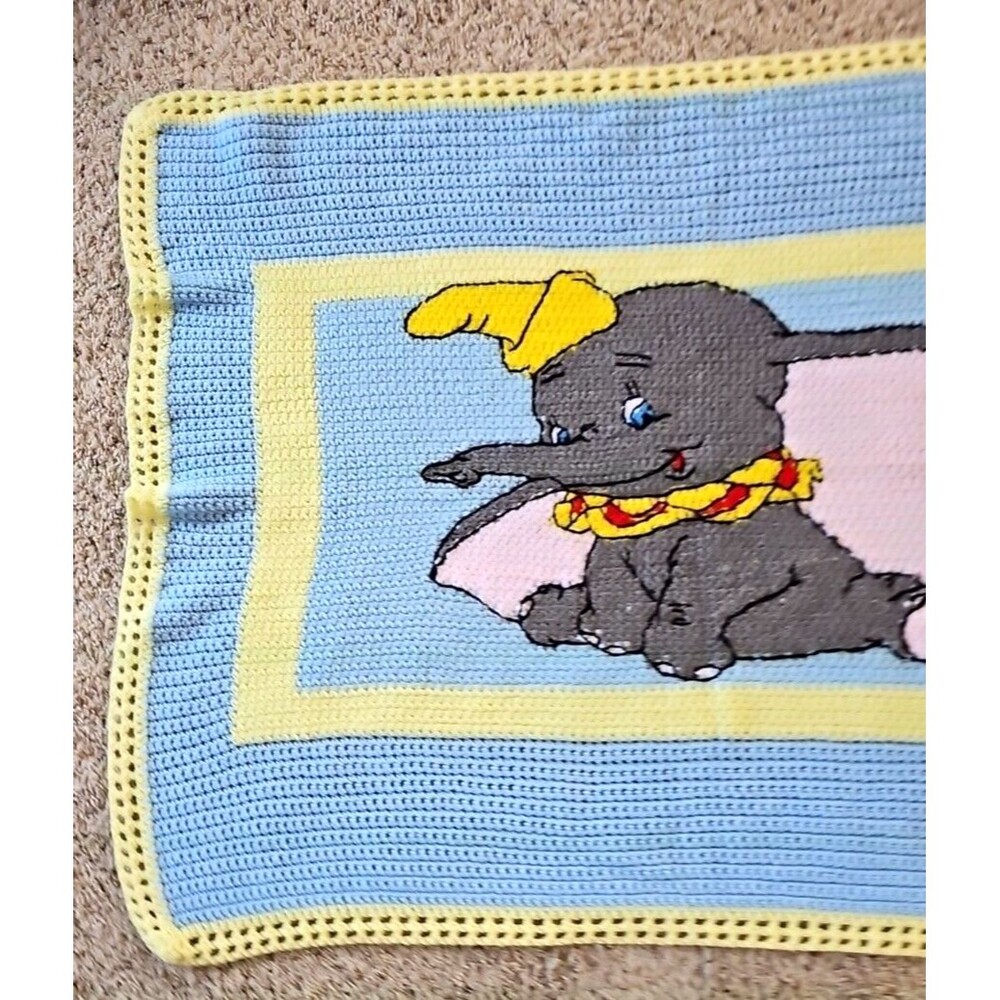 Dumbo Baby Blanket Handknit Crochet Blue Yellow Soft Knit Elephant Nursery Decor - Picture 2 of 13